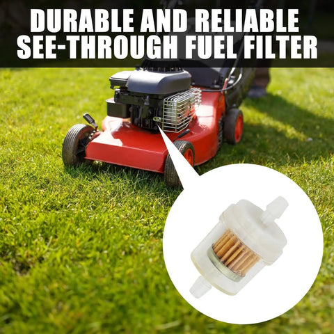 One Quarter Inch Inline Fuel Filter 40 Micron Universal Pack Of 10 shown installed on lawn mower engine.