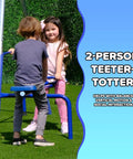 Two kids playing on the 2-person teeter totter of the 700 Lbs Galvanized Metal Swing Set For Kids With Teeter Totter Saucer Swing Standing Swing 5 Foot Wavy Slide Outdoor Backyard Playset With Bonus Anchor Kit.
