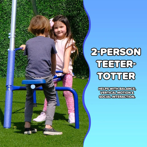 Two kids playing on the 2-person teeter totter of the 700 Lbs Galvanized Metal Swing Set For Kids With Teeter Totter Saucer Swing Standing Swing 5 Foot Wavy Slide Outdoor Backyard Playset With Bonus Anchor Kit.