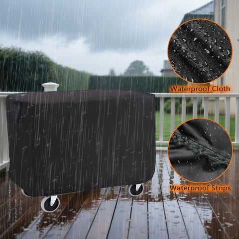 Waterproof Rolling Tool Cart Cover 36x18x33 Inch For 32x18 Mobile Utility Carts, shown on a rainy deck with water droplets visible.