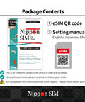 Package contents showing Japan eSIM 30 Days Data Plan With 50GB High Speed 4G LTE Then Unlimited Data At Reduced Speed No Roaming.