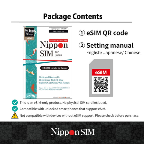 Package contents showing Japan eSIM 30 Days Data Plan With 50GB High Speed 4G LTE Then Unlimited Data At Reduced Speed No Roaming.