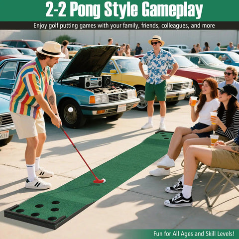 Outdoor gathering playing Indoor Outdoor 11Ft Golf Putting Mat Set With 2 Adjustable Putters, 6 Balls And 12 Hole Covers