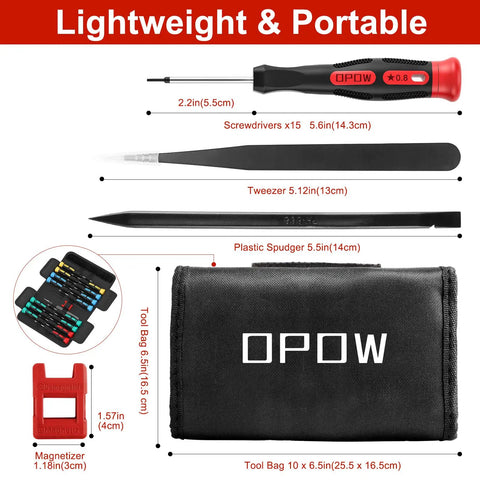 19 Piece Precision Screwdriver Set With Magnetic Tips And Non Slip Grip In A Pouch For PC Laptop Phone Camera Eyeglasses Watch And Toys Including Phillips Flathead Pentalobe And Torx Drivers Must Have Go To Everyday Toolbox, showing screwdrivers, magnetizer, and tool bag.