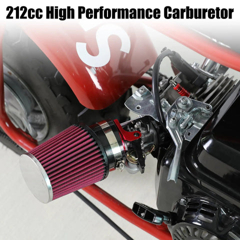 Close-up of 212cc high-performance carburetor and red air filter installed on mini bike engine.