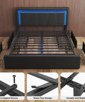 Rock Solid Full Size Bed Frame With Plush Faux Leather Upholstery And Four Seamless Gliding Storage Drawers Plus Handy LED Accent Lights, showing slatted frame and storage drawers.