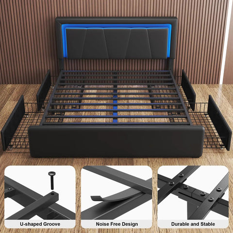 Rock Solid Full Size Bed Frame With Plush Faux Leather Upholstery And Four Seamless Gliding Storage Drawers Plus Handy LED Accent Lights, showing slatted frame and storage drawers.