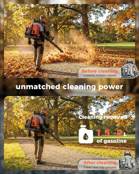 Person using Backpack Leaf Blower, 63cc Gas Powered Beast With 665 CFM Air Flow And 205 MPH Wind for clearing leaves on a path.
