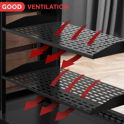 Four Pack 19 Inch Server Rack Shelves With Vented Steel Trays For Optimal Airflow showing ventilation slots and design.