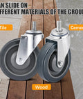 Smooth Operator Four Pack Shopping Cart Replacement Wheels Five Inch Polyurethane Casters With Mounting Nuts on tile, wood, and cement surfaces.