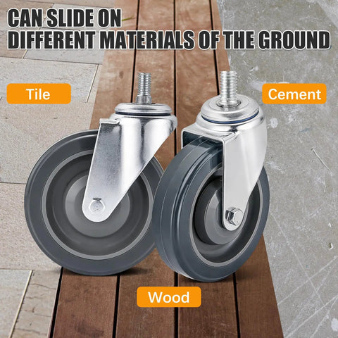 Smooth Operator Four Pack Shopping Cart Replacement Wheels Five Inch Polyurethane Casters With Mounting Nuts on tile, wood, and cement surfaces.
