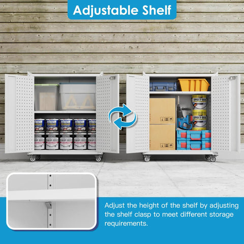 Heavy Duty Metal Garage Cabinet On Wheels With Pegboard And Locking Doors, Adjustable Shelves, Four Hooks, 120 Lb Per Shelf Capacity