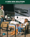 Outdoor scene showing Super Sturdy Dog Playpen With Sun Shade Standing 24 Inches High near an RV with people relaxing.