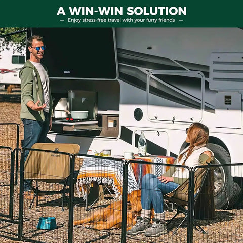 Outdoor scene showing Super Sturdy Dog Playpen With Sun Shade Standing 24 Inches High near an RV with people relaxing.