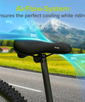 Memory Foam Bike Saddle With Air Ventilation for Men and Women on road bike, airflow visualization.