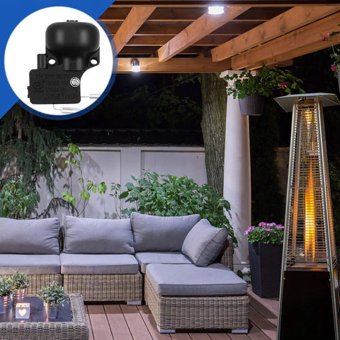 Outdoor space with propane tower heater and inset of patio heater replacement parts kit with thermocouple and FD4 switch