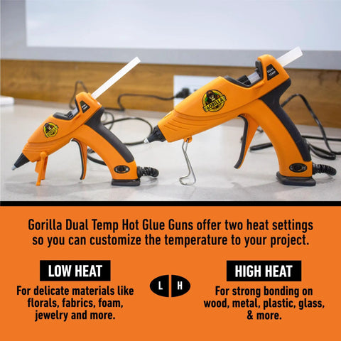Dual Temp Mini Hot Glue Gun With Precision Nozzle, Easy Squeeze Trigger, Built In Safety Stand shown in two sizes on table