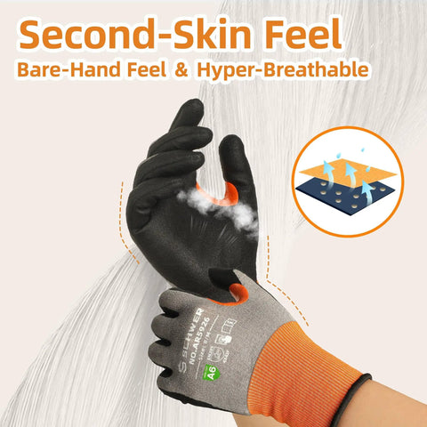 Close-up of Air Skin 21 Gauge Cut Resistant Work Gloves With Second Skin Comfort in seamless knit, size large.