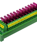 DC Power Fuse Distribution Strip Module 12 Channel DIN Rail Mount For 0 To 32V DC Systems, 30A Total Input, 3A Per Channel Factory Fuse 3A Replaceable Up To 10A Easy Wiring Industrial Grade Power Distribution Block, green plastic with pink fuses