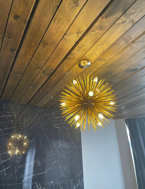 Gold Sputnik Pendant Light Fixture With 9 Lights Dope Modern Farmhouse Chandelier for Kitchen Island in wood ceiling setting.
