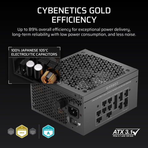 Image of RM1000x Shift 2025 Fully Modular ATX Power Supply With Side Interface Native 12V 2x6 GPU Cable, Cybenetics Gold Certified.