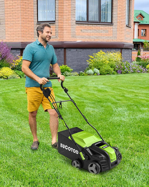 Man using 2-In-1 Dethatcher And Scarifier For Lawns, 16-Inch Electric Walk-Behind, 15 Amp Copper Motor, Five-Position Depth, 14.5 Gallon Bag