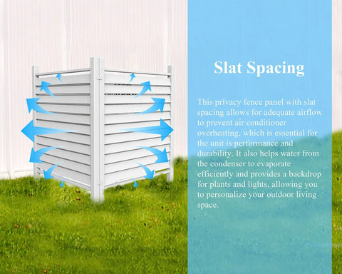 Reinforced White Vinyl Privacy Screen Panel Kit Built To Last 36 W X 45 H Tough As Nails Windproof Louvered Fence Shield For Air Conditioner And Trash Can Durable Outdoor PVC Fence Screen with slat spacing for airflow.