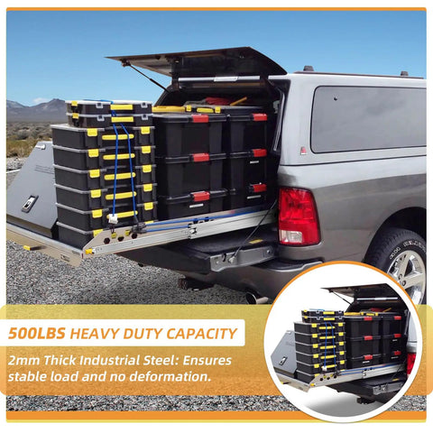 Rock Solid Heavy Duty Full Extension Drawer Slides With Lock 470 Lb Side Mount Ball Bearing Rails Premium Steel Cabinet Runner Built Like A Tank For Tool Boxes And Workshops Top Shelf Gear installed on a truck bed with tool boxes.
