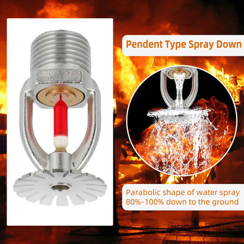 Heavy Duty 5 Piece Pendent Fire Sprinkler Heads With 155 Degree Fahrenheit Rating and Ballistic Brass Build 1/2 Inch NPT showing water spray down.