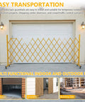 Heavy Duty Rolling Scissor Barrier Expandable Steel Gate With Smooth Swivel Casters For Fast Job Site Lockdown Crowd Control And Tight Safety Perimeter Setup in yellow used in driveway.
