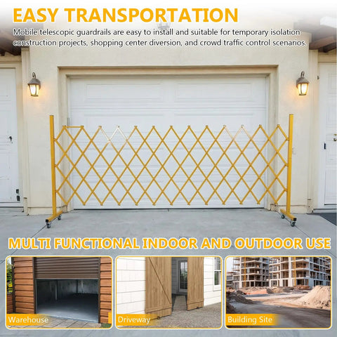 Heavy Duty Rolling Scissor Barrier Expandable Steel Gate With Smooth Swivel Casters For Fast Job Site Lockdown Crowd Control And Tight Safety Perimeter Setup in yellow used in driveway.