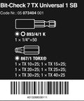 Diagram of Six Piece Professional Torx TX10 TX40 Mini Bit Set with sizes and barcode on black background