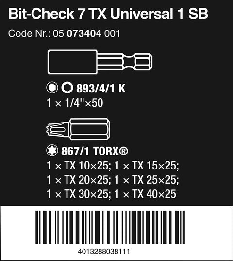 Diagram of Six Piece Professional Torx TX10 TX40 Mini Bit Set with sizes and barcode on black background