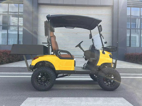 Yellow Electric Golf Cart Two Seater With Cargo Bed Rock Solid Frame Non Slip Tires Independent Suspension Full Led Lighting side view