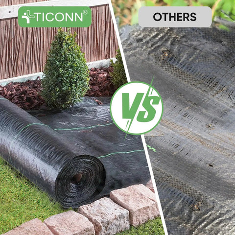 Heavy Duty Weed Barrier Fabric, 3 Feet By 50 Feet, 3.2 Ounces Landscape Workhorse shown rolled out in garden next to other fabric