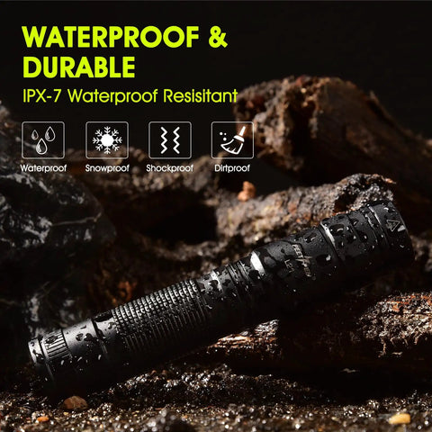 Ultra Bright 1500 Lumen Rechargeable Tactical Flashlight, Pocket Size EDC LED Light in wet environment showcasing durability