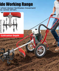 Man using Rugged 4HP 63cc Gas Powered Garden Tiller With Wheels 4 Stroke Rototiller for soil cultivation in field, side view