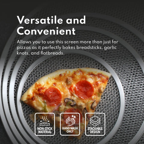 Restaurant-Grade Seamless Aluminum Pizza Baking Screens, 16 Inch, Pack Of 6, with pizza slice showcasing airflow design
