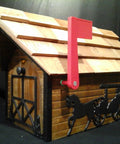 Handmade Rural Mailbox With Cedar Roof And Flag, Black Horse And Buggy Rustic Design For Curb Appeal, Outdoor Mailbox Decor, Country Style