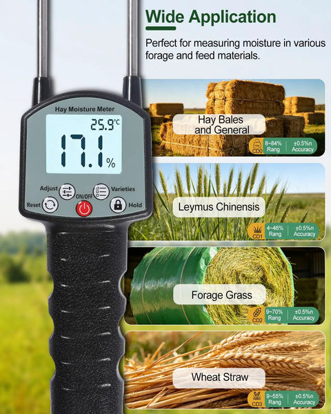 Hay Moisture Tester With Long Probe, Portable Bale Moisture Meter for hay bales and forage grass, stainless steel probe