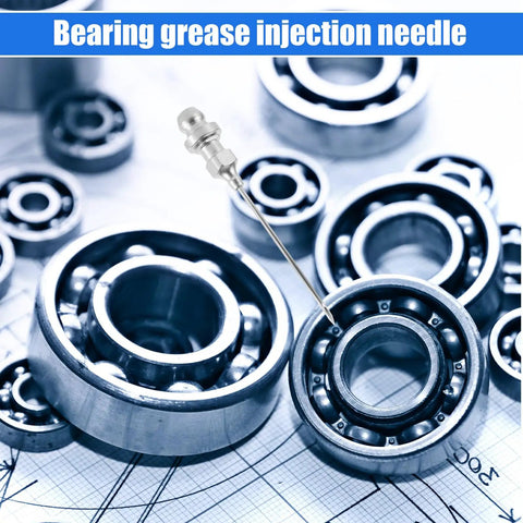 Bearing grease injection needle with ball bearings and blueprint in background for Grease Gun Accessory Kit With Hose 90 Degree Coupler Set Including Needle Dispenser Two Needle Nozzles Nozzle Cleaner Double Handle Coupler And Fittings For Must Have Gear Greasing Quick Attachments And Easy Refill.