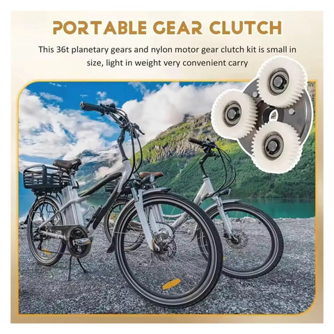 Beefed Up Three 36T Nylon Planetary Gears Kit With 70mm Clutch, 38mm Outer Diameter next to ebike against scenic background