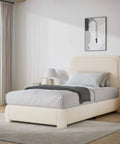 Snug Twin Bed Frame With Ultra Soft Cloud Boucle Fabric And Cream Upholstered Headboard Featuring Smooth Rounded Corners in stylish bedroom.