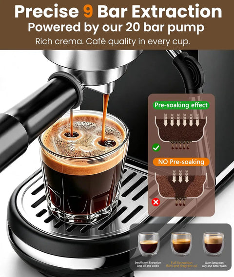 Straight Shooter Semi Automatic Espresso Machine With Reliable Milk Frother For Creamy Lattes And Bold Cappuccinos 20 Bar Pressure brewing espresso with rich crema in glass
