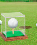 Clear Acrylic Golf Ball Display Case With Wood Base And Tee Holder UV Protected Square Cube Ball Storage Box on grass