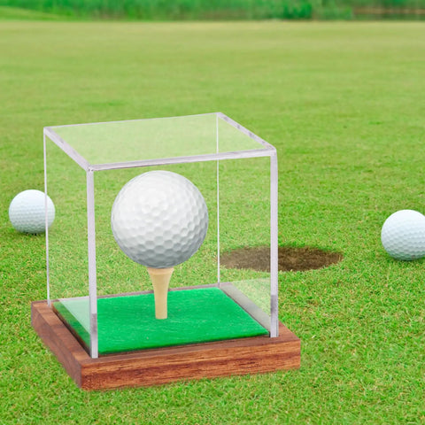 Clear Acrylic Golf Ball Display Case With Wood Base And Tee Holder UV Protected Square Cube Ball Storage Box on grass