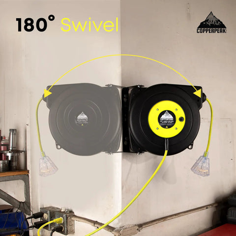 Retractable Extension Cord Reel With 50 Ft Reach, 14 AWG, 3 Outlets, Ceiling Or Wall Mount in action, 180 Degree Swivel