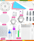 Badass 112 Piece Baking Decorating Kit With Sturdy Acrylic Turntable, Flexible Silicone Piping Bags, Precision Nozzles, Icing Bottles, And Surefire Gear For Sweet Cookies And Cupcakes. Complete toolkit layout with turntable, piping bags, nozzles, and tools.