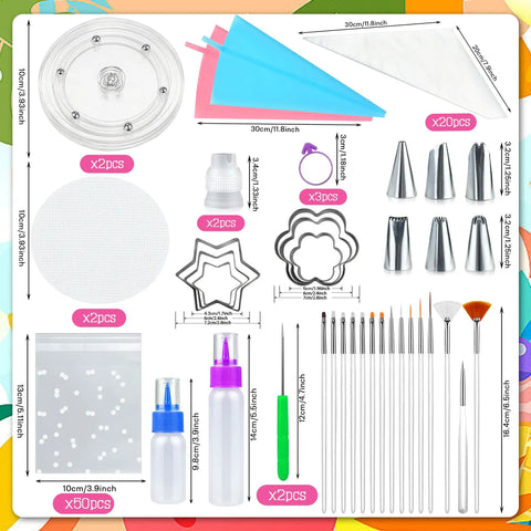 Badass 112 Piece Baking Decorating Kit With Sturdy Acrylic Turntable, Flexible Silicone Piping Bags, Precision Nozzles, Icing Bottles, And Surefire Gear For Sweet Cookies And Cupcakes. Complete toolkit layout with turntable, piping bags, nozzles, and tools.