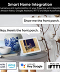 Smart home display showing front porch with No Sweat Window Mount Security Cam With HD WiFi Live Streaming And Rock Solid Color Night Vision For Slick Home Protection And Smart AI Motion Detection That Plays Nice With Alexa And Google Home.